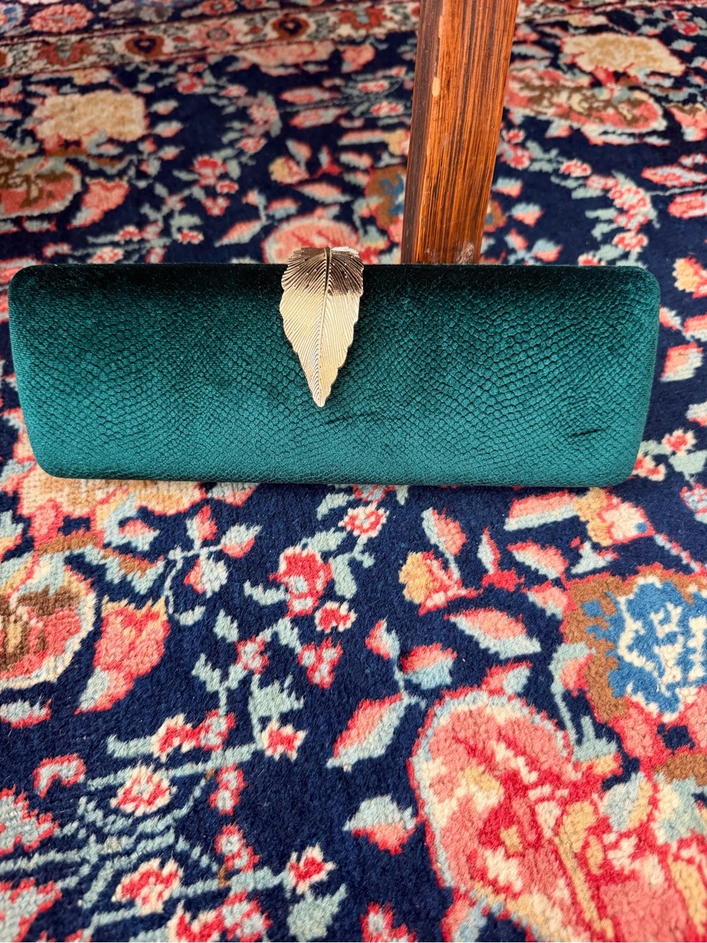 Emerald Green Velvet Feather-Accent Clutch